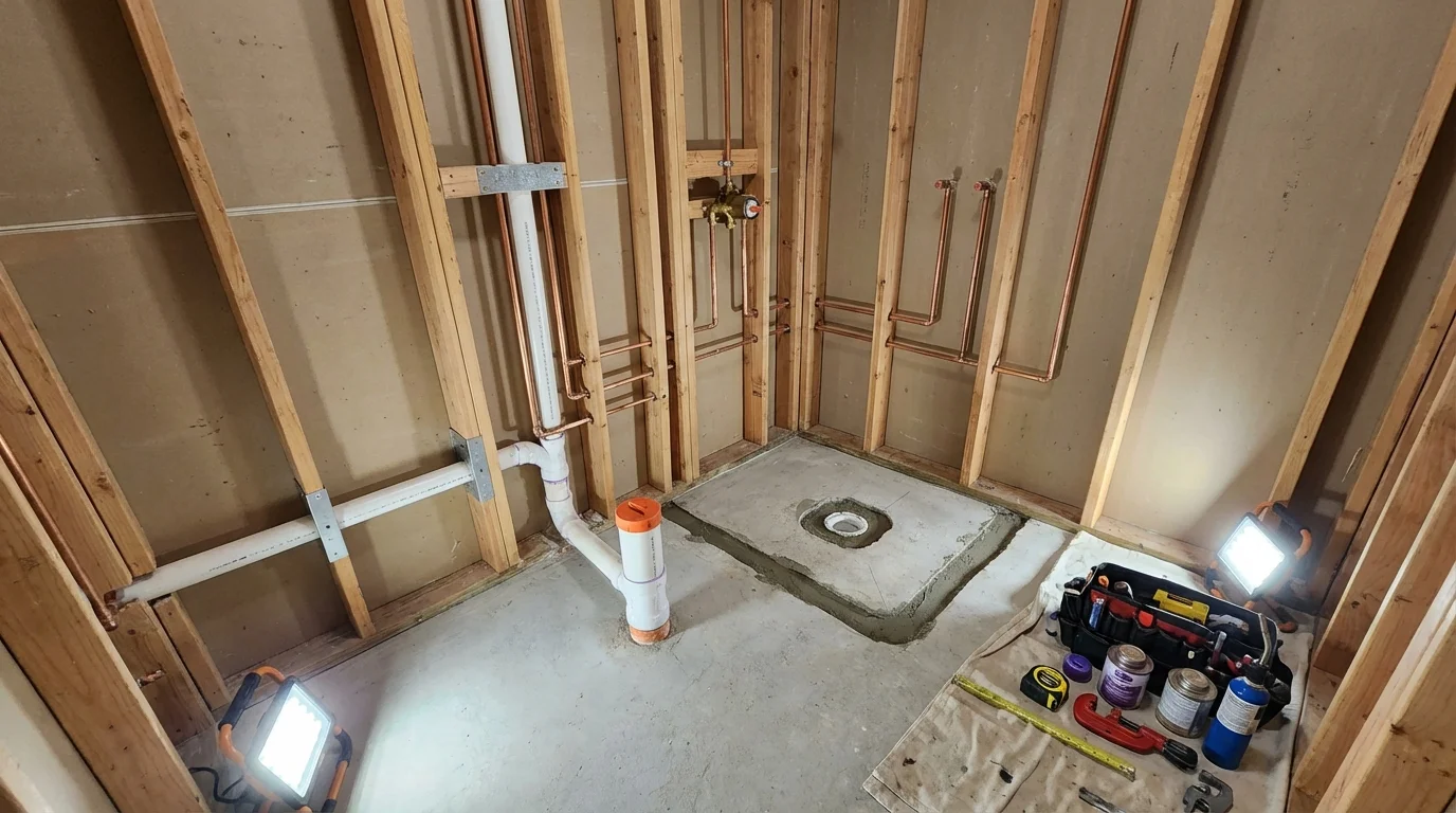 Bathroom rough-in plumbing during remodel by Johns Plumbing LLC in Paden City