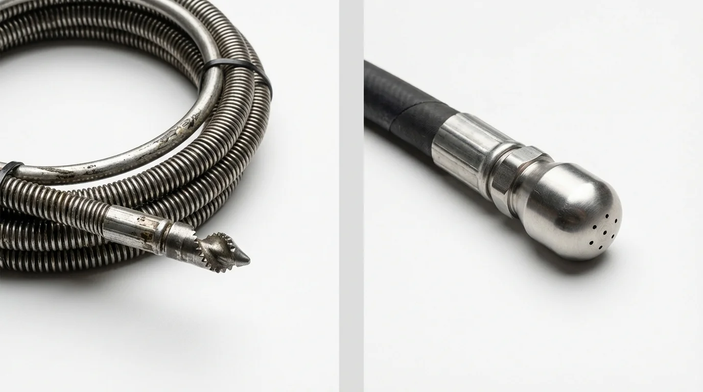 Drain snake cable and hydro jetting nozzle used for drain cleaning in Paden City, WV