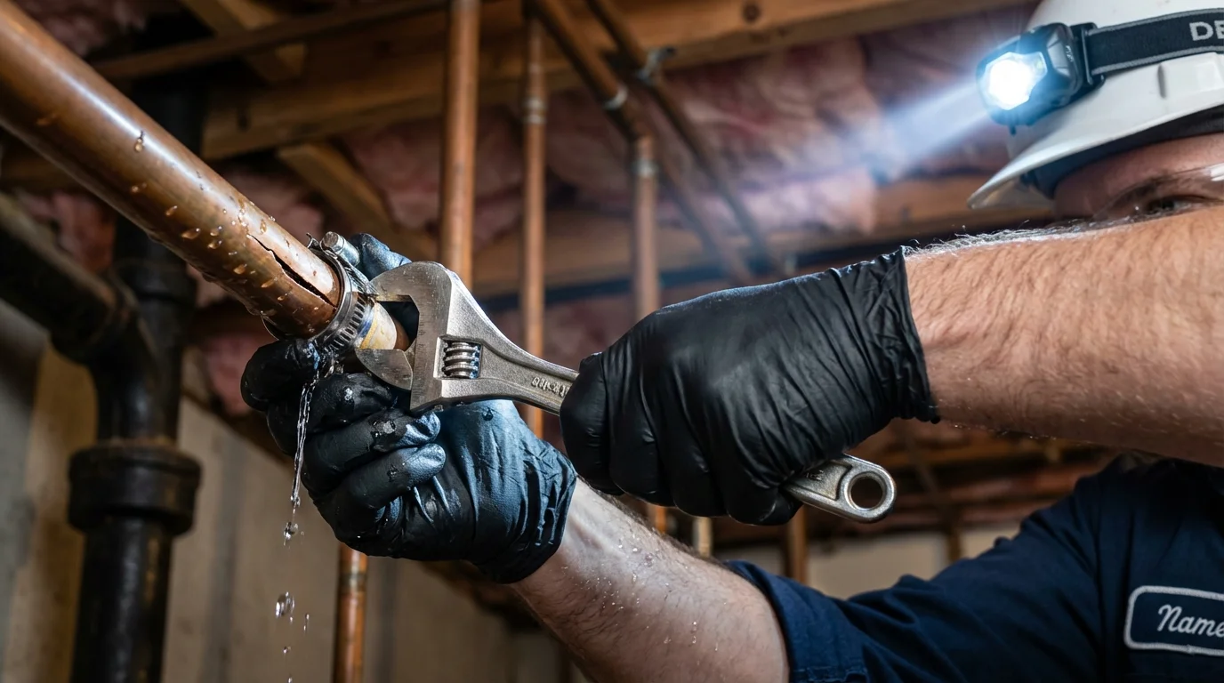 Emergency pipe clamp repair being performed by a Johns Plumbing LLC plumber in Paden City