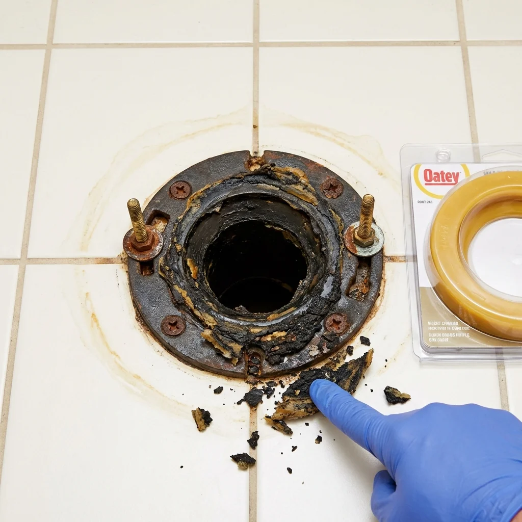 Failed wax ring showing water seepage at the base of a toilet in a Paden City, WV home