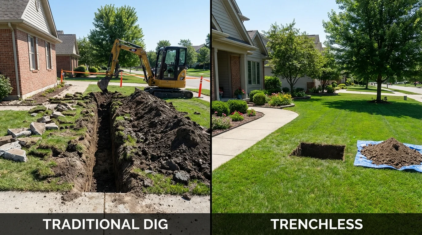Trenchless sewer repair with minimal yard damage versus traditional excavation in Paden City, WV