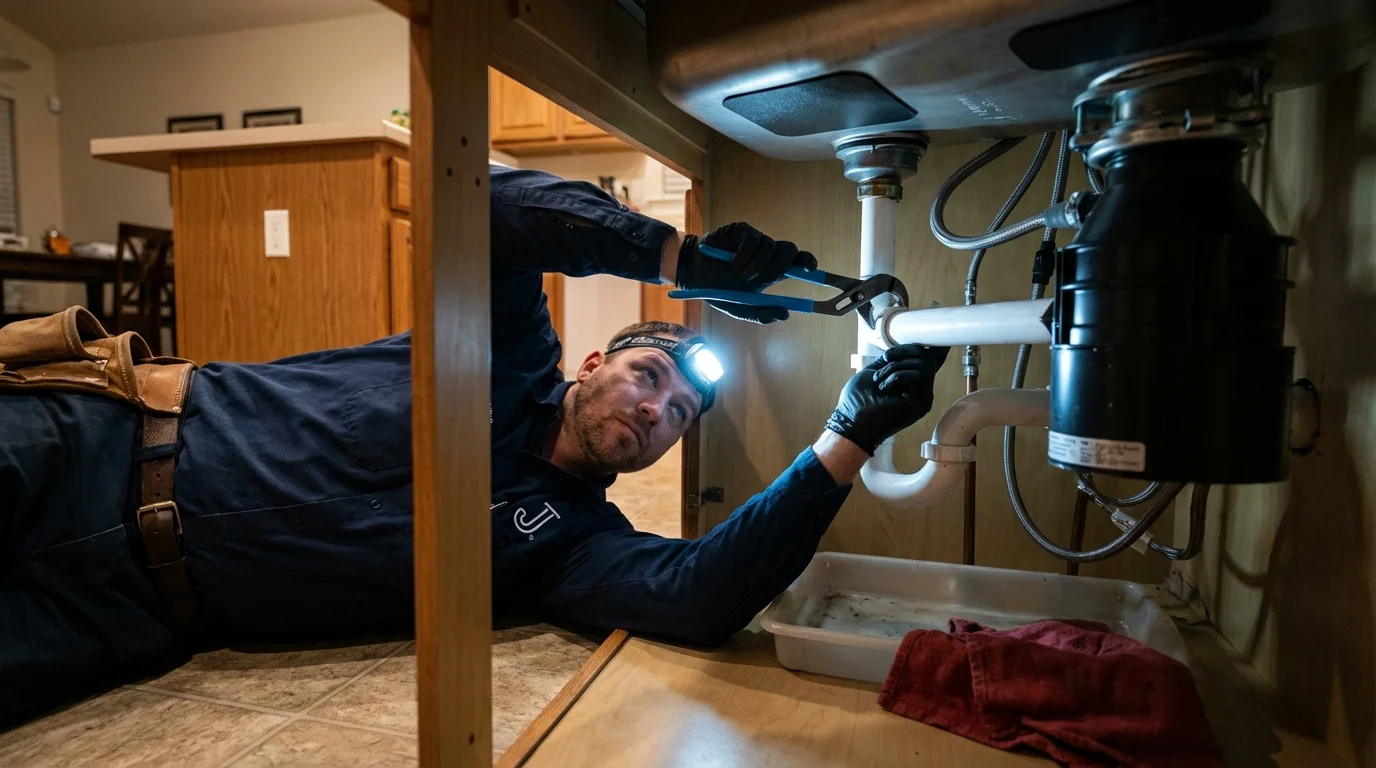 P-trap and supply line connections under a kitchen sink showing a common leak point in Paden City, WV